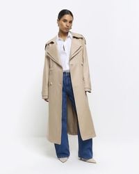 River Island - Petite Beige Double Collar Belted Trench Coat - Lyst