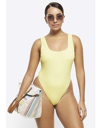 River Island - Yellow Crinkle Scoop Neck Swimsuit - Lyst