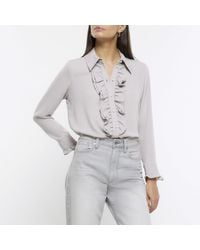 River Island - Grey Frill Long Sleeve Shirt - Lyst