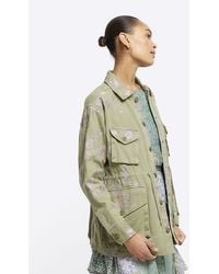 River Island - Khaki Embroidered Floral Utility Shacket - Lyst