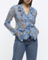 River Island - Blue Floral Frill Blouse - Lyst