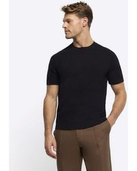 River Island - Black Slim Fit Textured Knit T-shirt - Lyst