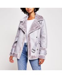 river island black maximus belted shearling jacket
