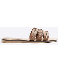River Island - Brown Leather Studded Flat Sandals - Lyst