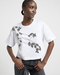 River Island - Beige Floral Embellished T-shirt - Lyst