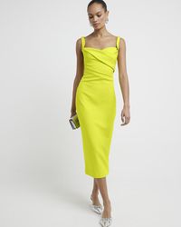 River Island - Green Ruched Open Back Bodycon Midi Dress - Lyst