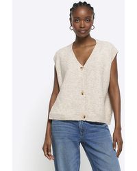 River Island - Beige Knit Button Up Tank Top - Lyst