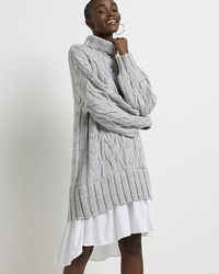 River Island - Grey Cable Knit Mini Jumper Shirt Dress - Lyst