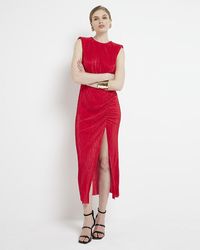 River Island - Red Plisse Ruched Side Bodycon Midi Dress - Lyst