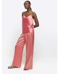 River Island - Coral Satin Pull On Wide Leg Pants - Lyst