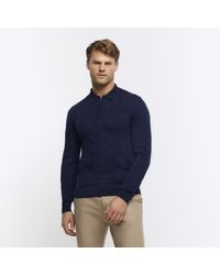 River Island - Navy Muscle Textured Knit Long Sleeve Polo - Lyst