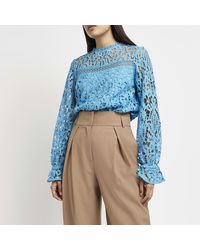 River Island - Blue Lace Long Sleeve Blouse - Lyst