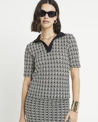 River Island - Black Crochet Geometric Polo T-shirt - Lyst