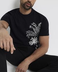 River Island - Black Slim Fit Embroidered Palm Tree T-shirt - Lyst
