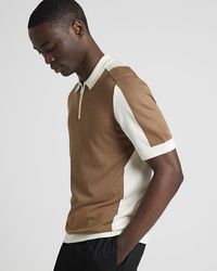 River Island - Brown Slim Fit Colour Block Knitted Polo - Lyst