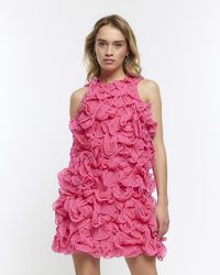 River Island - Pink Ruffle Detail Shift Mini Dress - Lyst