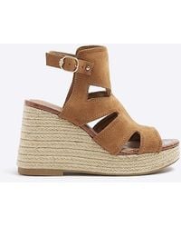 River Island - Brown Suedette Cut Out Wedge Sandals - Lyst
