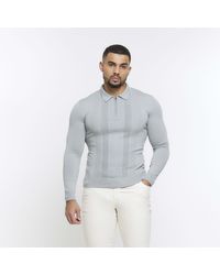 River Island - Grey Muscle Texture Knit Long Sleeve Polo - Lyst