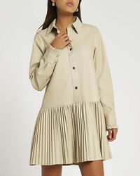 River Island - Beige Faux Leather Pleated Mini Shirt Dress - Lyst