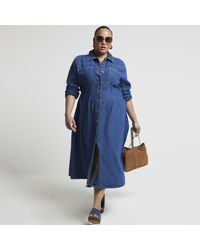 River Island - Plus Blue Denim Midi Shirt Dress - Lyst