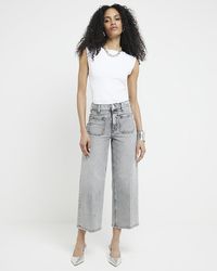 River Island - Grey High Waisted Cropped Wide Fit Jeans - Lyst