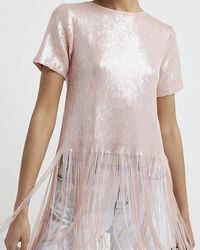 River Island - Pink Sequin Fringe Detail T-shirt - Lyst