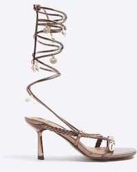 River Island - Brown Shell Detail Lace Up Heeled Sandals - Lyst