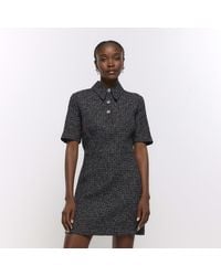 River Island - Black Boucle Check Mini Shirt Dress - Lyst