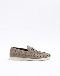 River Island - Grey Suede Woven Chain Loafers - Lyst