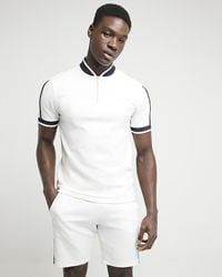 River Island - White Slim Fit Textured Taped Polo - Lyst