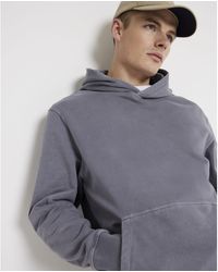River Island - Washed Blue Regular Fit Plain Hoodie - Lyst