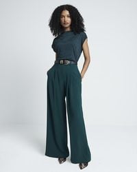 River Island - Green Pleated Wide Leg Trousers - Lyst