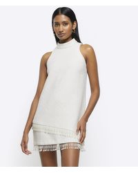 River Island - Cream Boucle Pearl Trim Shift Mini Dress - Lyst