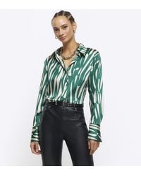 River Island - Green Satin Abstract Oversized Shirt - Lyst