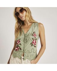 River Island - Khaki Broderie Embroidered Tie Up Vest Top - Lyst