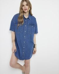 River Island - Denim Buttoned Mini Shirt Dress - Lyst