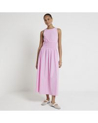 River Island - Pink Stripe Shirred Waisted Skater Midi Dress - Lyst