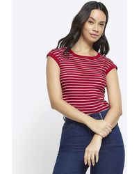 River Island - Red Rib Stripe T-shirt - Lyst