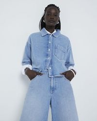 River Island - Blue Denim Crop Shirt - Lyst