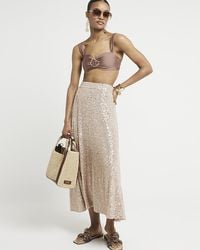 River Island - Rose Gold Sequin Midi Skirt - Lyst
