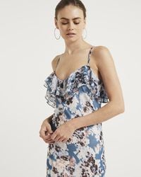 River Island - Blue Floral Frill Slip Maxi Dress - Lyst