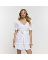 River Island - White Broderie Belted Swing Mini Dress - Lyst