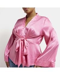 River Island - Plus Pink Satin Tie Front Blouse - Lyst