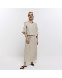 River Island - Stone Midi Skirt With Linen - Lyst