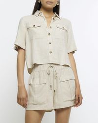 River Island - Beige Utility Cropped Shirt With Linen - Lyst