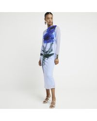 River Island - Blue Mesh Floral Bodycon Midi Dress - Lyst