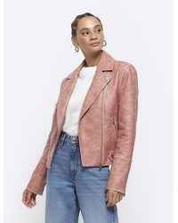 River Island - Pink Faux Leather Distressed Biker Jacket - Lyst