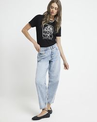 River Island - Black Embroidered Floral T-shirt - Lyst
