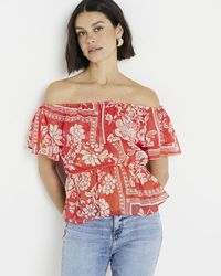 River Island - Red Floral Frill Bardot Top - Lyst