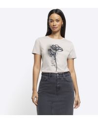 River Island - Beige Embroidered Floral T-shirt - Lyst